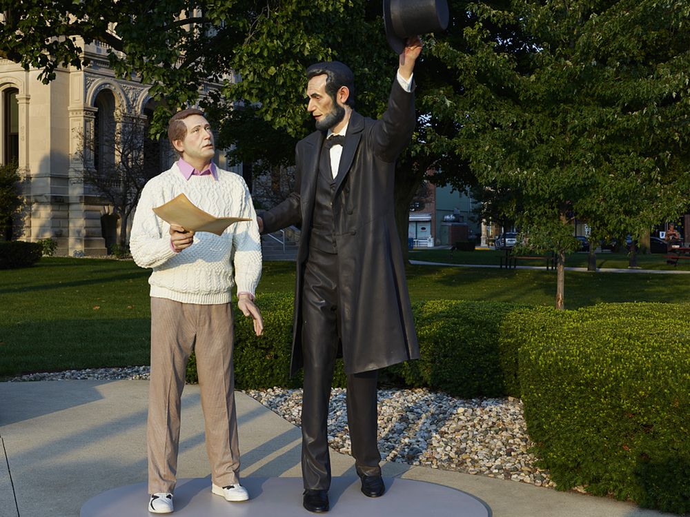 Artist Seward Johnson's "Return Visit" street art in Warsaw, Indiana