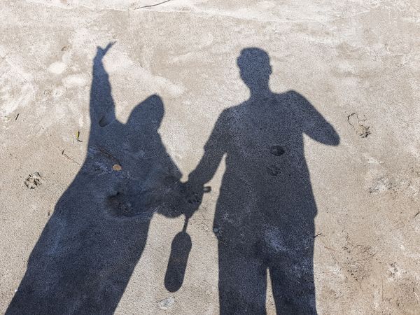 Silhouette or shadow of a pair of lovers on the beach sand