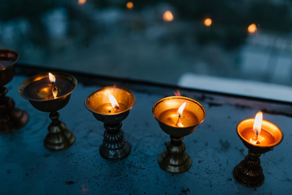 Lit diyas on balustrade