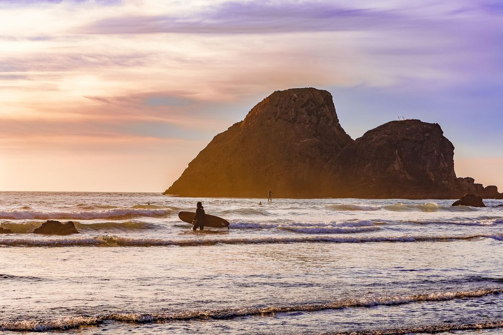 Surfers heading out for morning waves on rocky beach