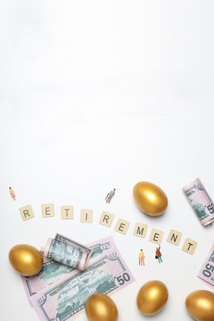 Golden eggs, pension savings, investments, retirement, space for text