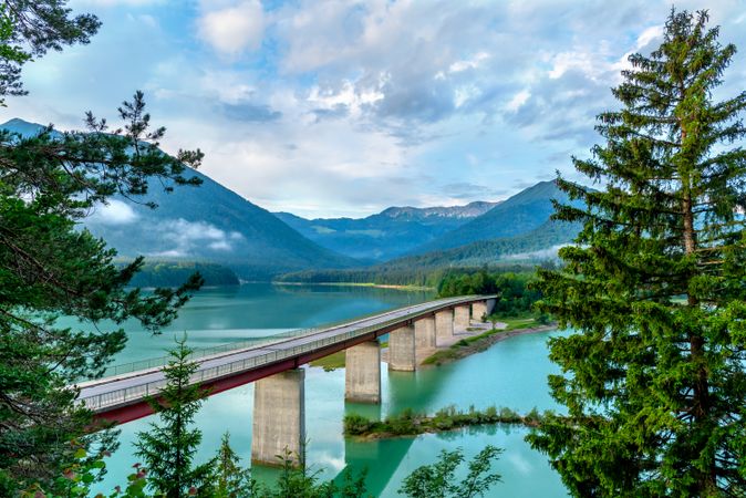 Sylvenstein Lake and bridge in a beautiful mountain scenery on a sunny day of summer