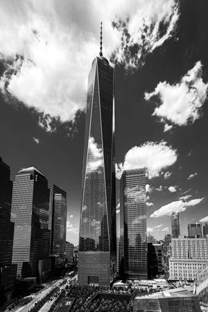 Grayscale photo of The Freedom Tower skyscraper in NYC