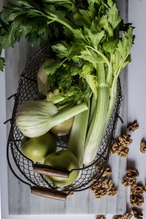 Green vegetables, fruits and nuts for cooking