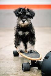 Cute purebred puppy standing on skateboard