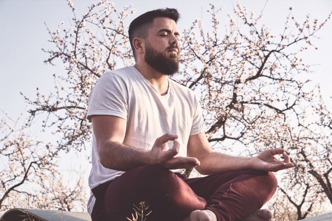 Bearded man meditating in spring garden