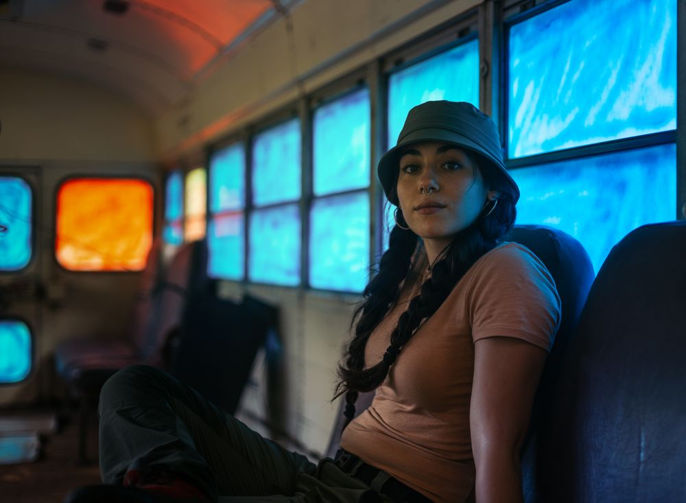retro bus with blue-tinted windows