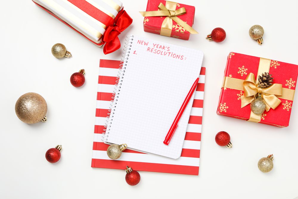 Concept of New Year Resolutions list, new year goals, top view