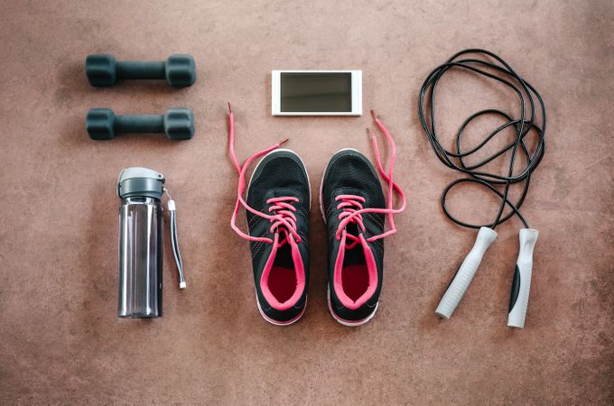 Top view of sports equipment set