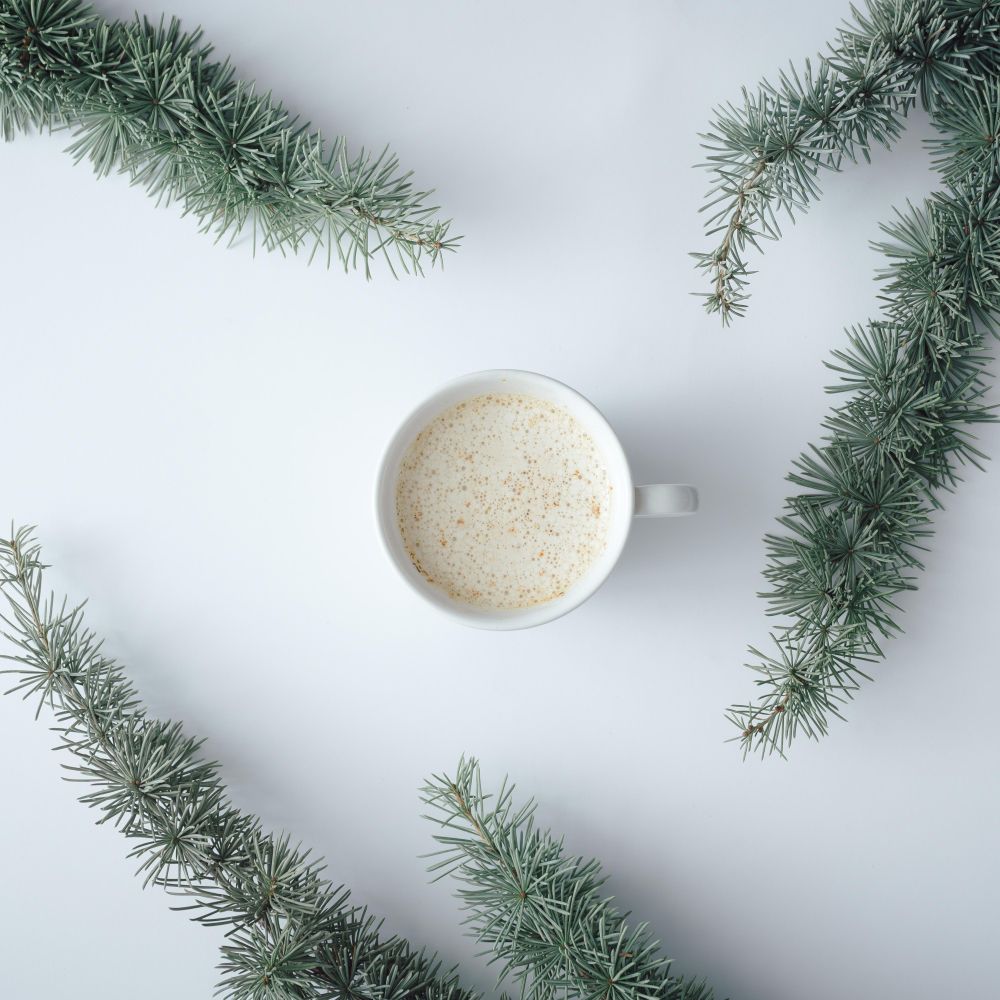 Coffee cup with winter branches on pastel grey background