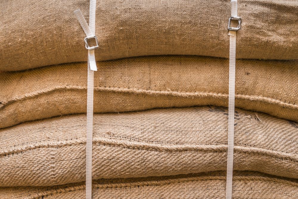 Background of stacked burlap sacks