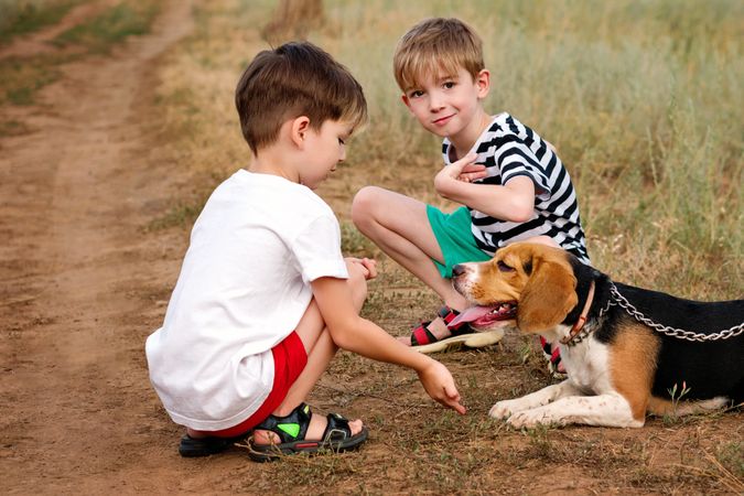 Two little brothers walking the dog