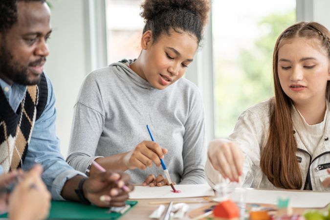 Engaged teenage students in painting class