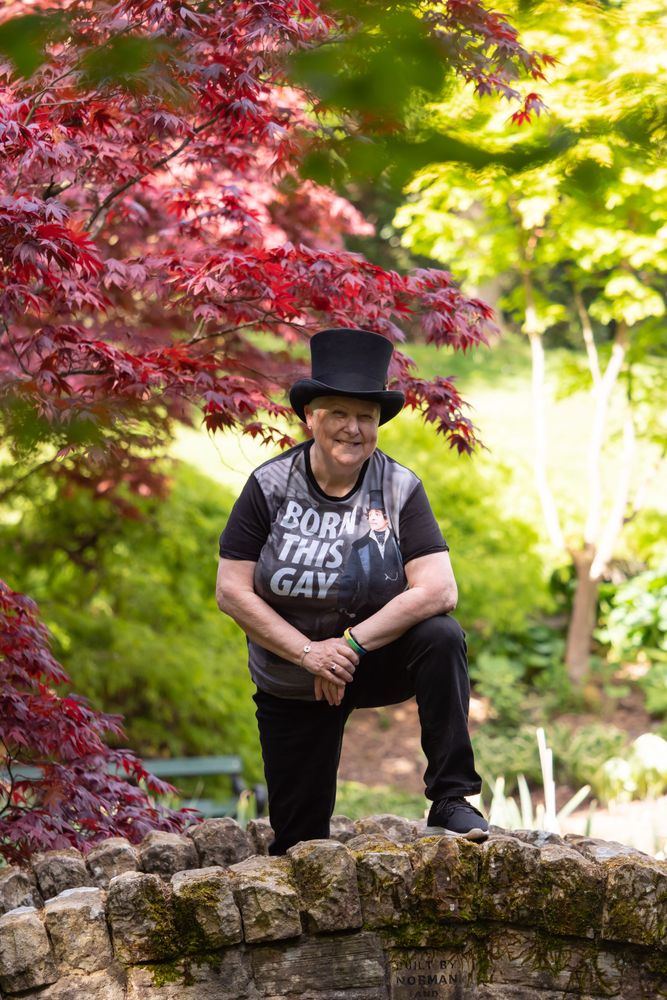 Woman in top hat with leg on bridge in green park