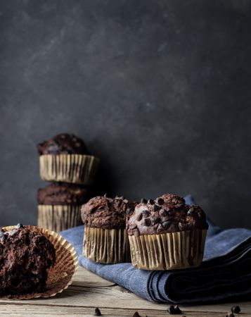 Chocolate banana muffin on towel