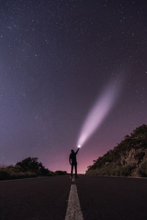 Traveler standing with torch at starry night