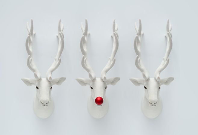 Decorative mounted head of reindeer with red nose
