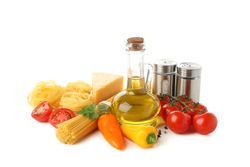 Composition with pasta and ingredients for cooking isolated on blank background