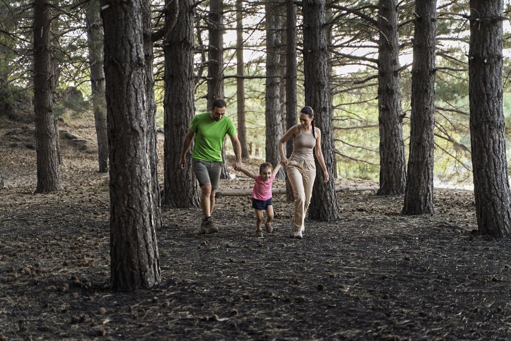 Young family walking through forest holding hands enjoying nature together