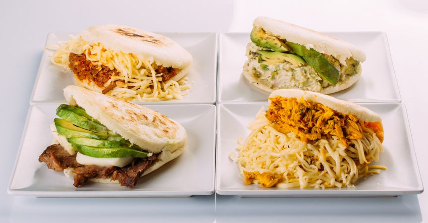 Latin American breakfast, specifically in countries such as Venezuela and Colombia, Arepas with several ingredients to fill like chicken, meat, avocado, cheese