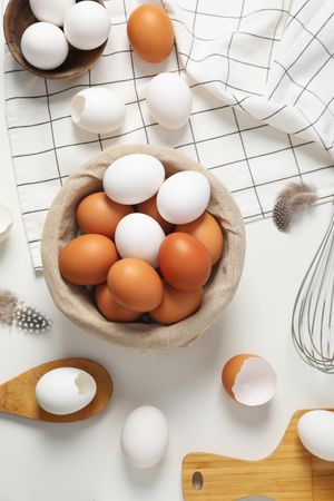 Concept of natural farm product - eggs, top view