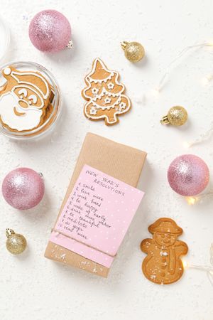 Concept of New Year Resolutions list, new year goals, top view