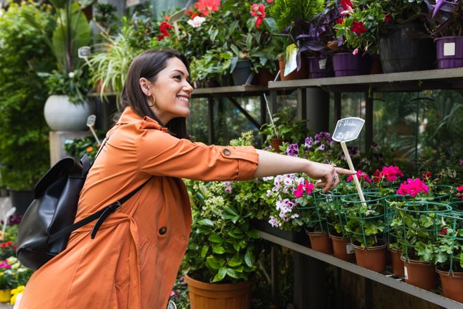 Cheerful woman choosing flowers in garden center