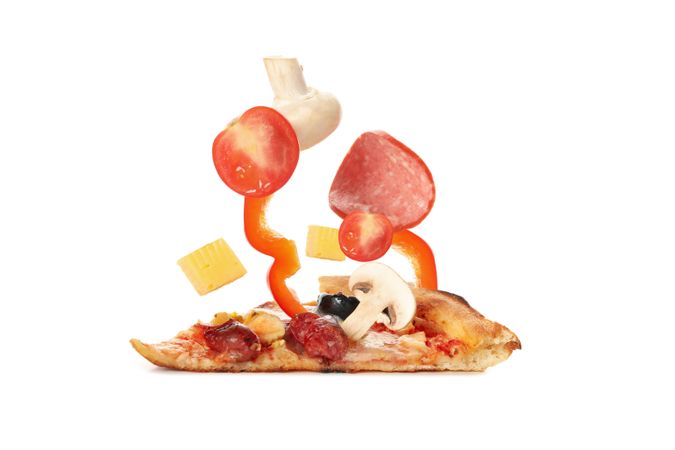 Tasty pizza and ingredients isolated on blank background