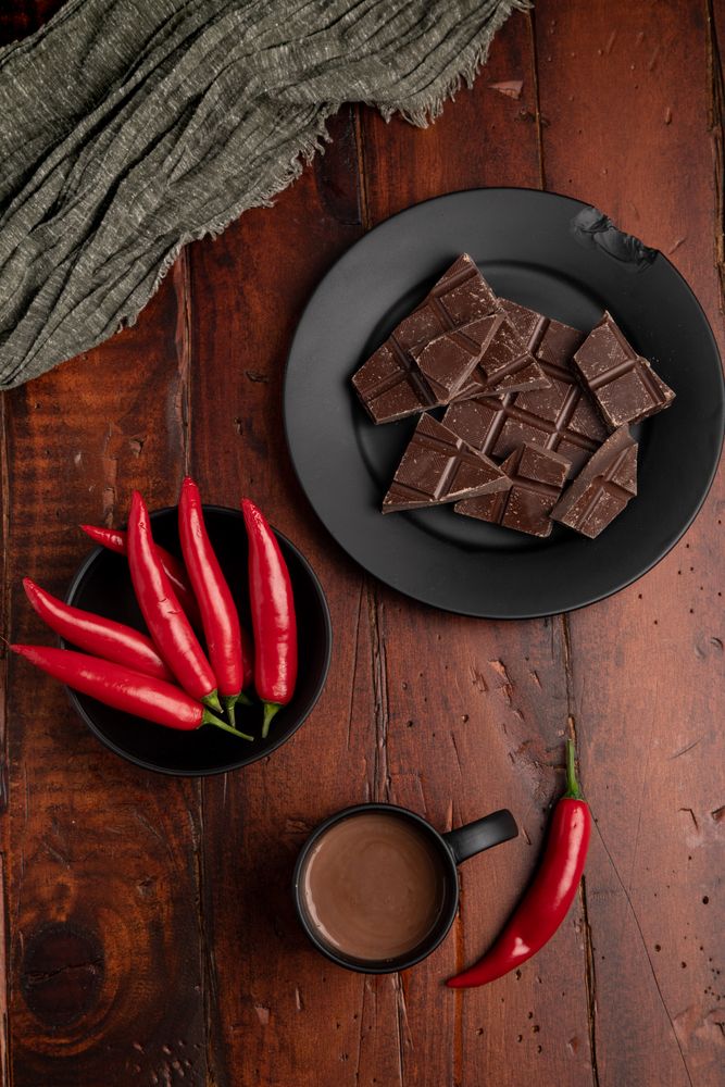 Hot beverage near plate with chocolate and pepper