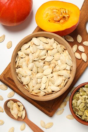 Concept of Autumn vibe food, Pumpkin, Pumpkin seeds