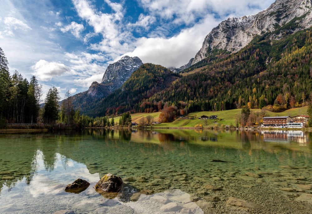 Lake Hintersee on a sunny day of autumn in the Bavarian Alps, Germany