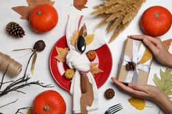 Concept of Thanksgiving day, Autumn table setting, top view