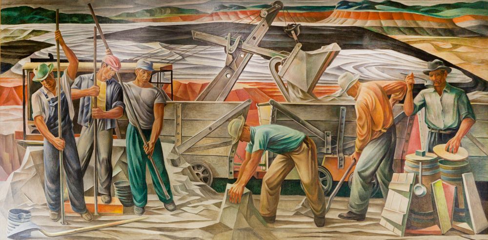 Cubist oil painting “Bauzite Mining” by Julius Woeltz