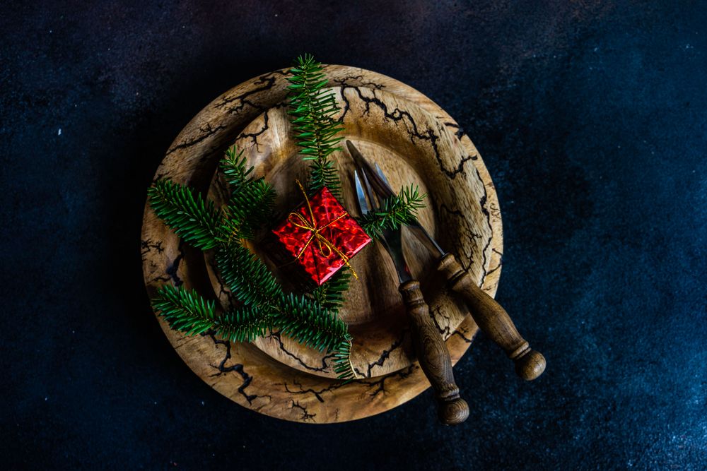 Top view of rustic Christmas table setting