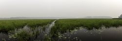 Panorama of Big Sandy Lake in McGregor Minnesota with smoke haze from forest fires in Canada