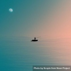 Minimal photo of silhouette of fisherman on a boat in blue sea at sunset under gibbous moon 5zK1P4