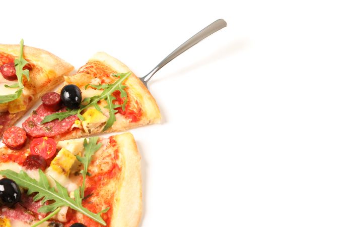 Pizza shovel and tasty pizza isolated on blank background