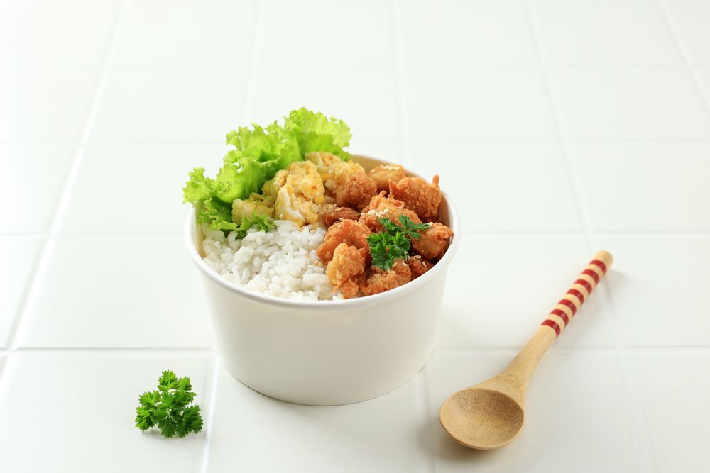 Takeaway Rice Bowl with Chicken Popcorn and Scrambled Eggs