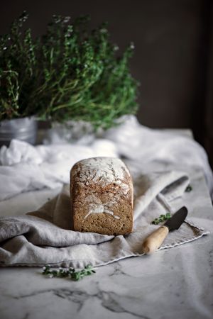 Fresh bread on napkin near tomatoes jam