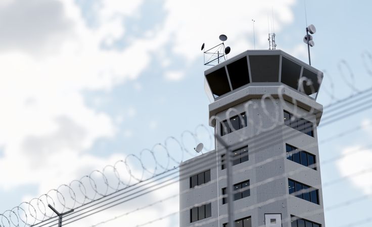 Air Traffic Control Tower Behind Barbed Wire Fence.