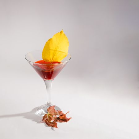 Red cocktail garnished with yellow autumn leaf