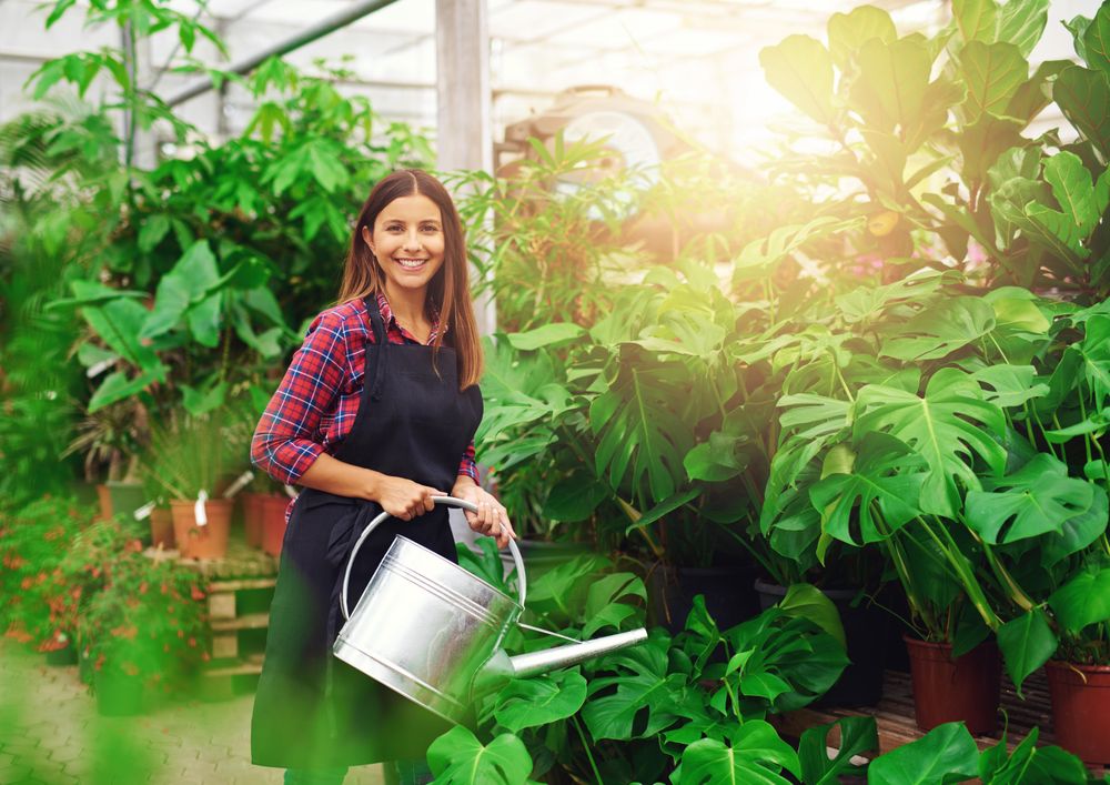 Smiling woman watering plants in a lush greenhouse