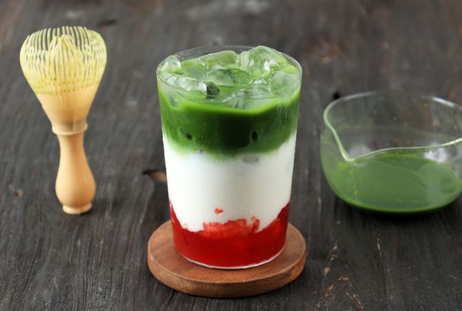 Strawberry Puree, Milk, and Matcha