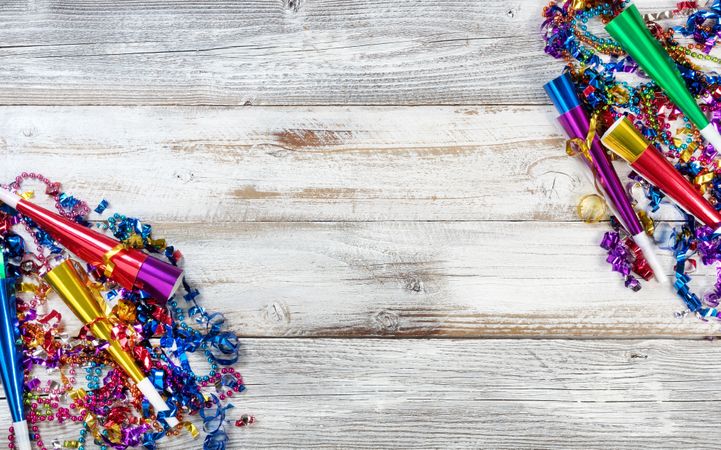 New Year eve party decorations on rustic wood background