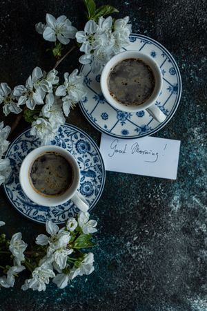 Morning coffee for couple with cherry blossom