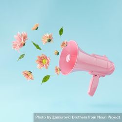 Pink megaphone with colorful summer flowers and green leaves against pastel blue background 5z7nP4