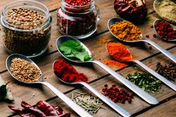 Set of various spices on table