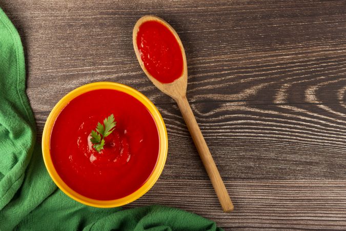 Delicious homemade tomato soup in bowl.