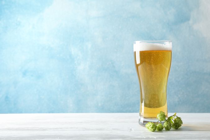 Mug with beer, spikelets and hop on wooden table, space for text