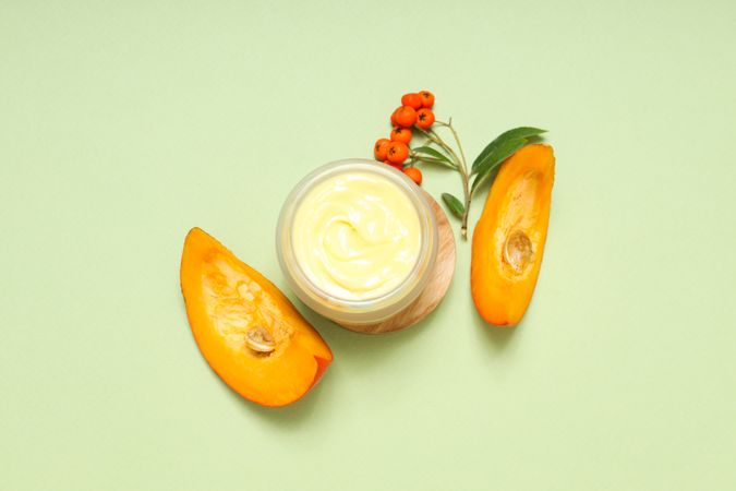 Concept of different cosmetic products, Pumpkin cosmetics, top view